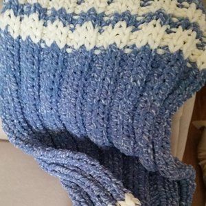 Chunky Chenille blue and white hand knitted throw